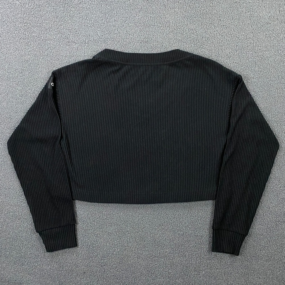 ALO Muse Ribbed V-Neck Pullover Top size Large Knit Crop Black Logo Sweater - Picture 4 of 10